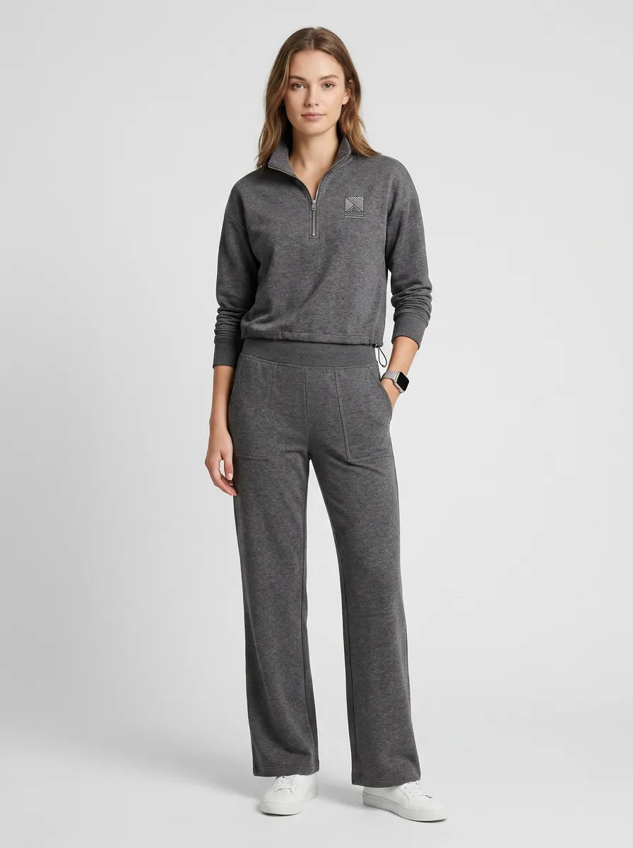 Women's Casual Minimalist Geometric Logo Printed Quarter-Zip Lounge Set