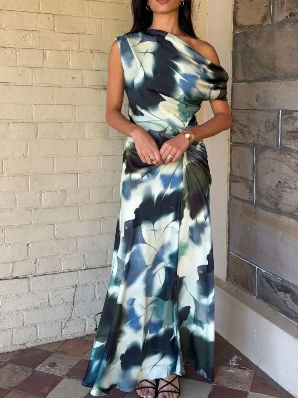 One Shoulder Floral Print Maxi Dress