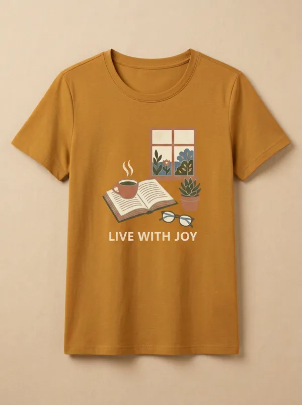 Women's Book Coffee Window Plant Print T-Shirt