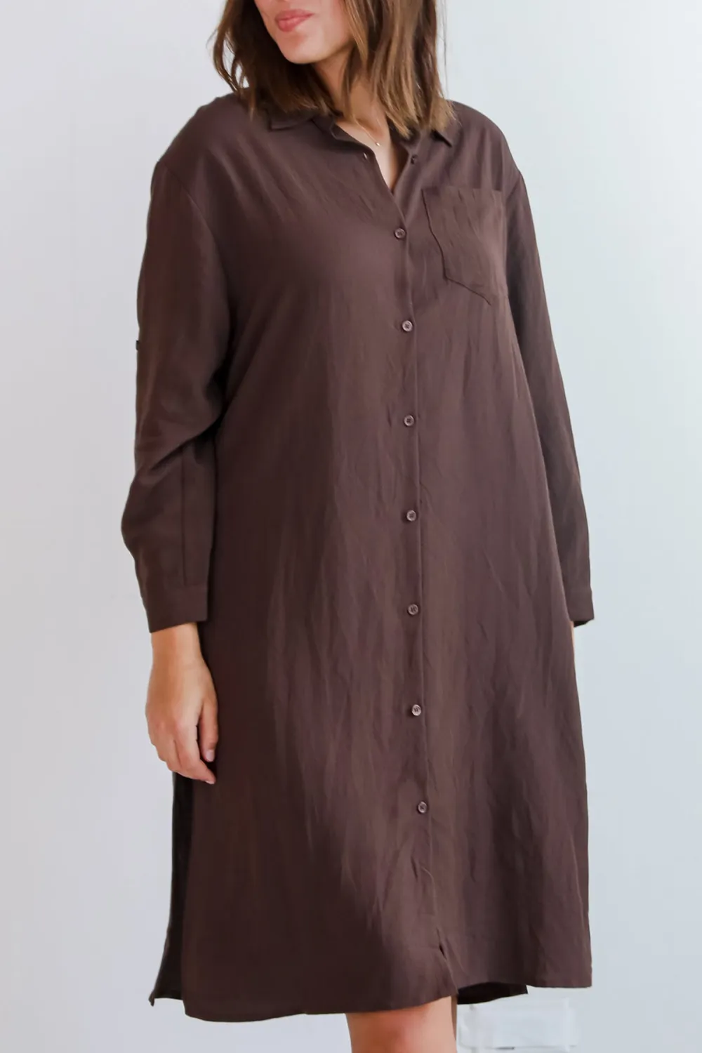 Brown Button Front Midi Dress