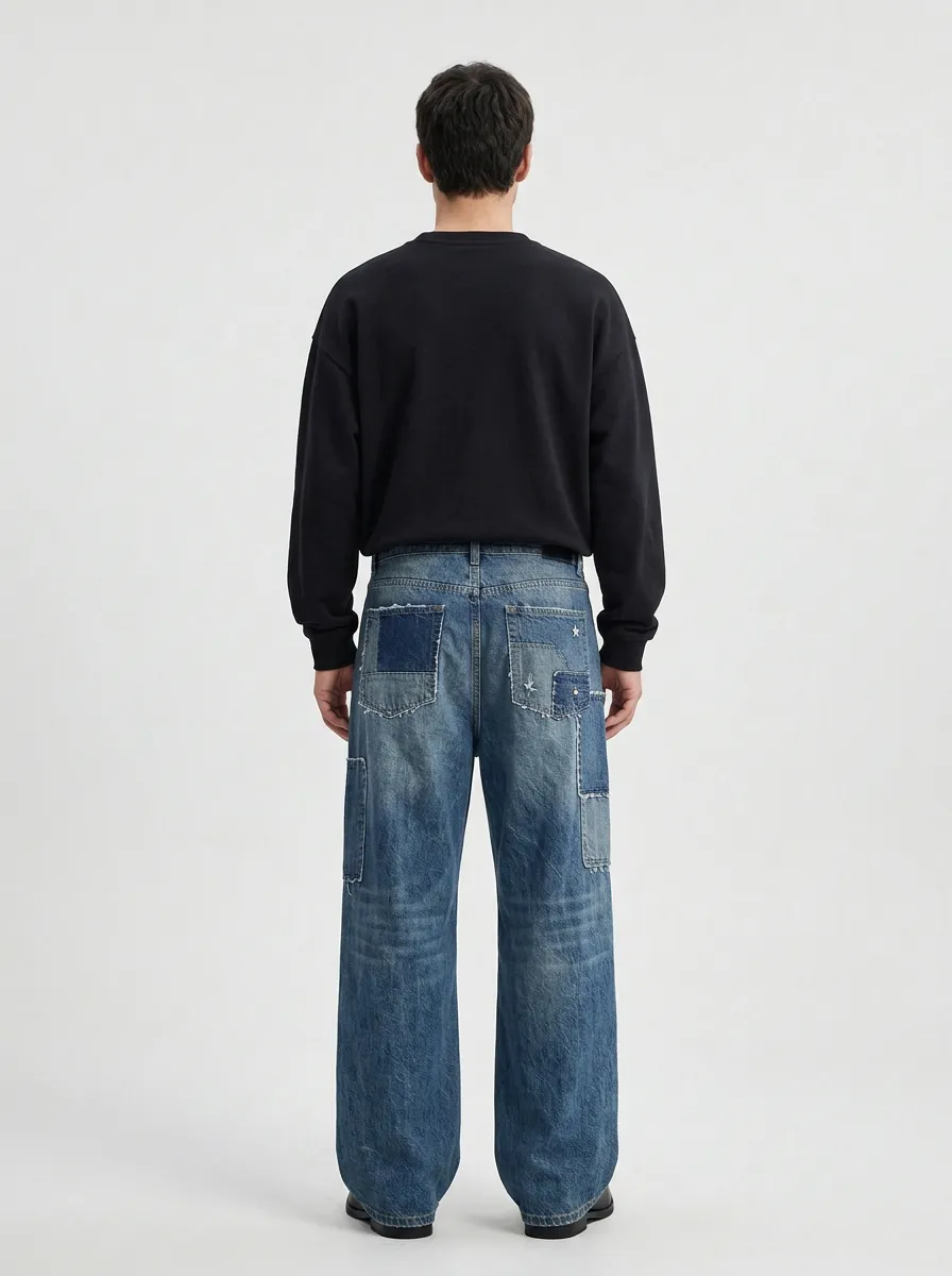 Wide Leg Patchwork Streetwear Men's Loose Fit Jeans