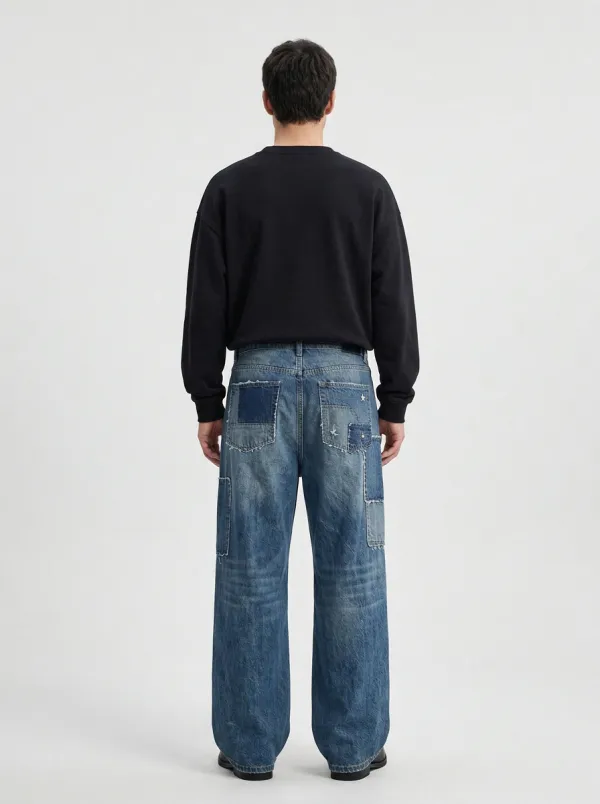 Wide Leg Patchwork Streetwear Men's Loose Fit Jeans