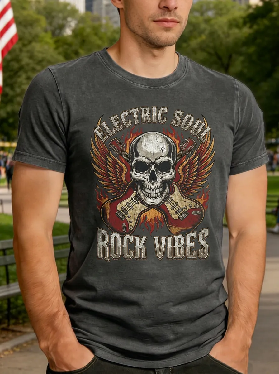 Men's Rock Music Skull Guitar Wings Printed T-shirt