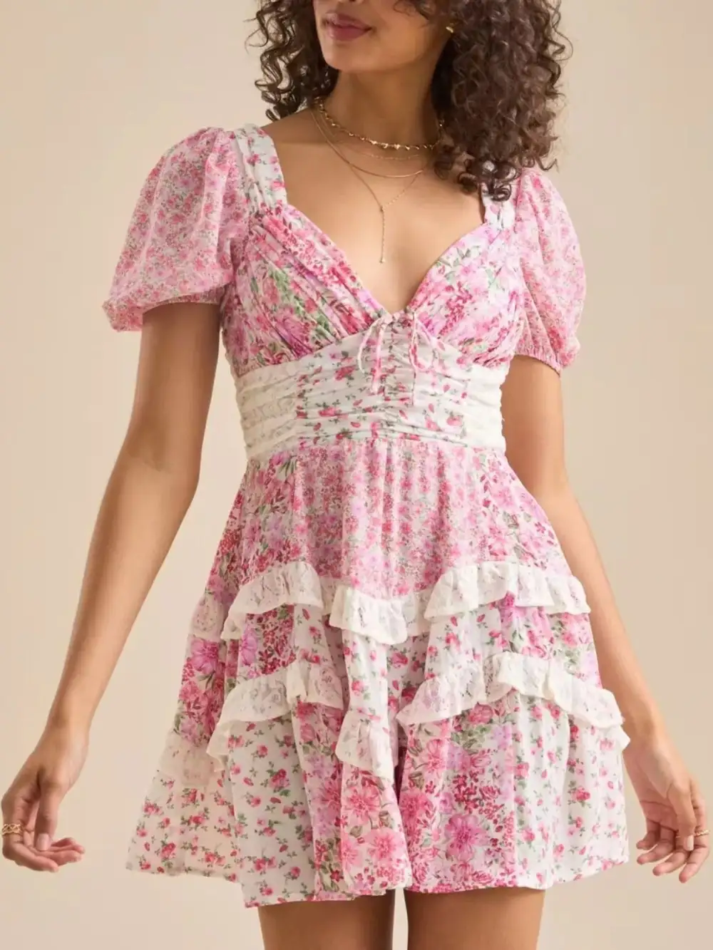 Puff Sleeve Tiered Floral Mini Dress
