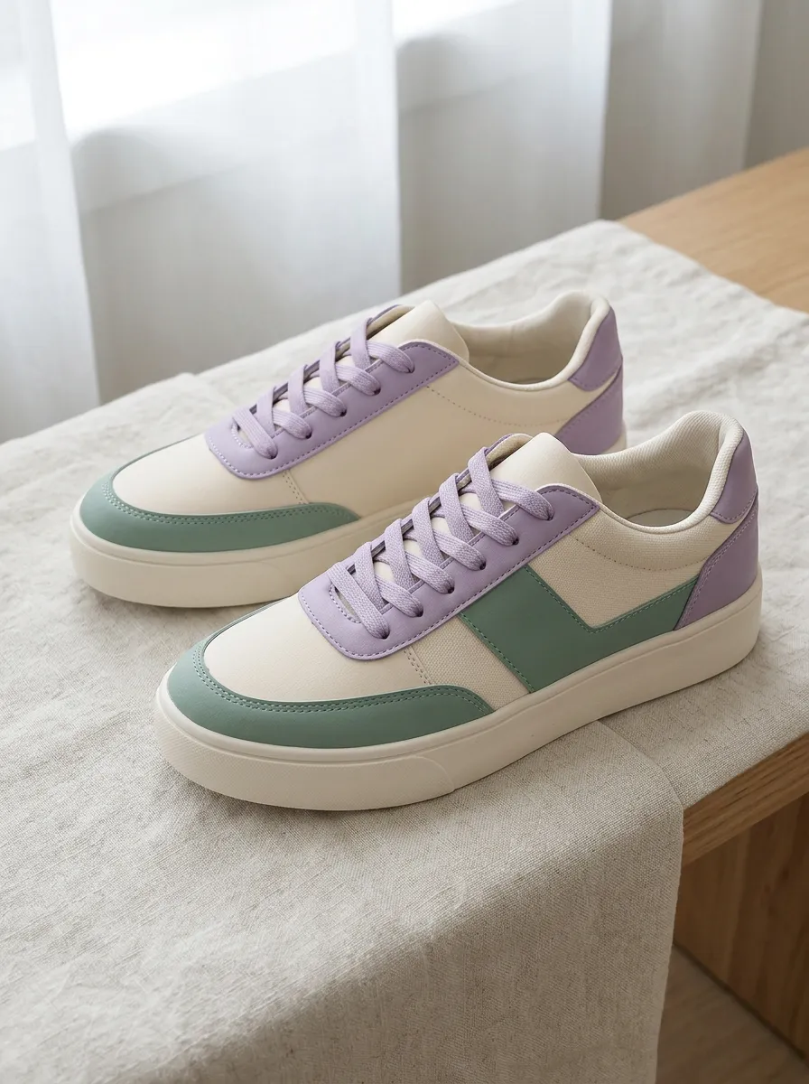 Women's Pastel Color Block Purple and Green Printed Sneakers