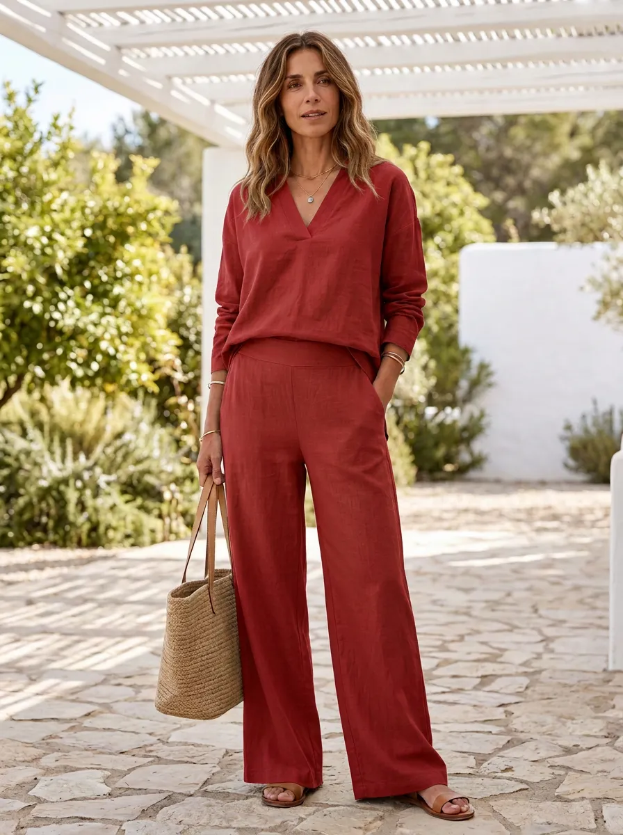 Coastal Cotton-Linen V-Neck Long-Sleeve Lounge Set