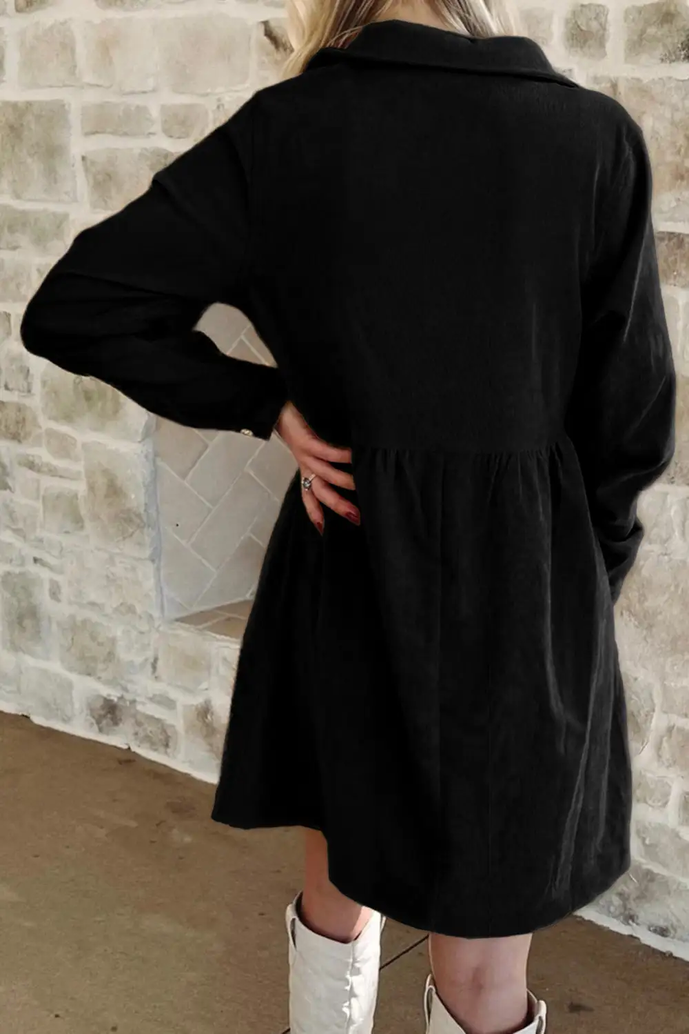 Corduroy Half Button Long Sleeve Mini Dress