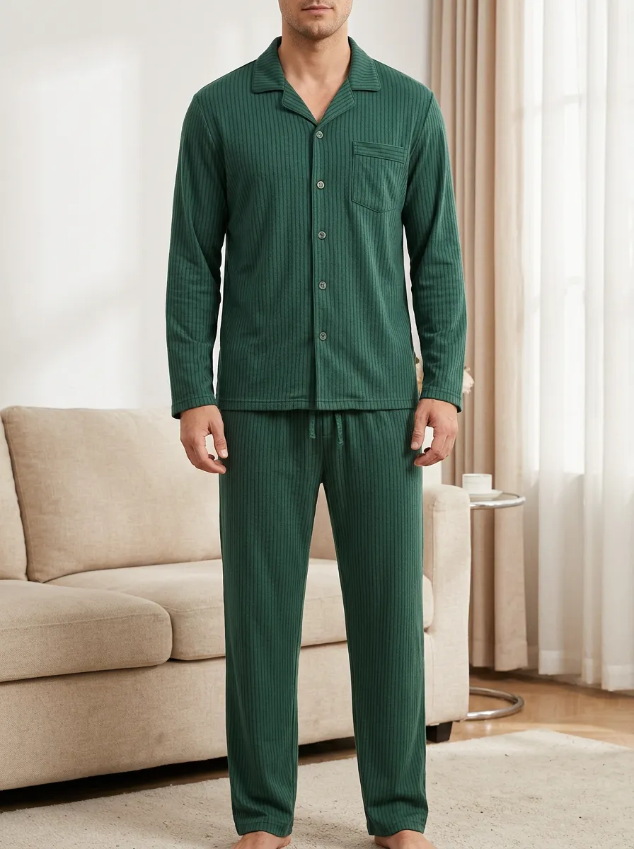 Button-Down Ribbed Lounge Men's Pajama Set