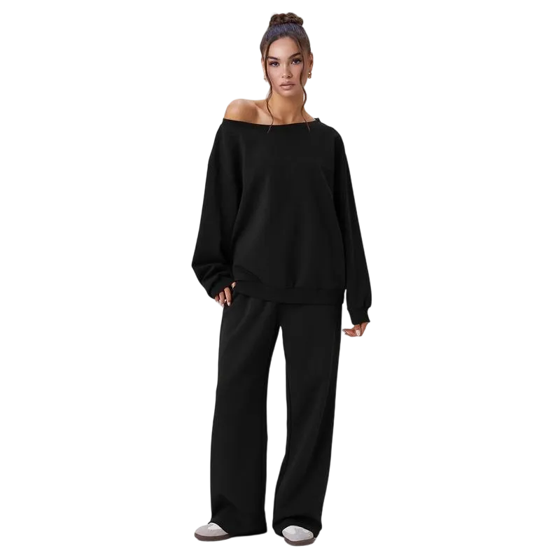 Women's Leisure Solid Color Sloping Shoulder Long Sleeve Top & Wide Leg Trousers