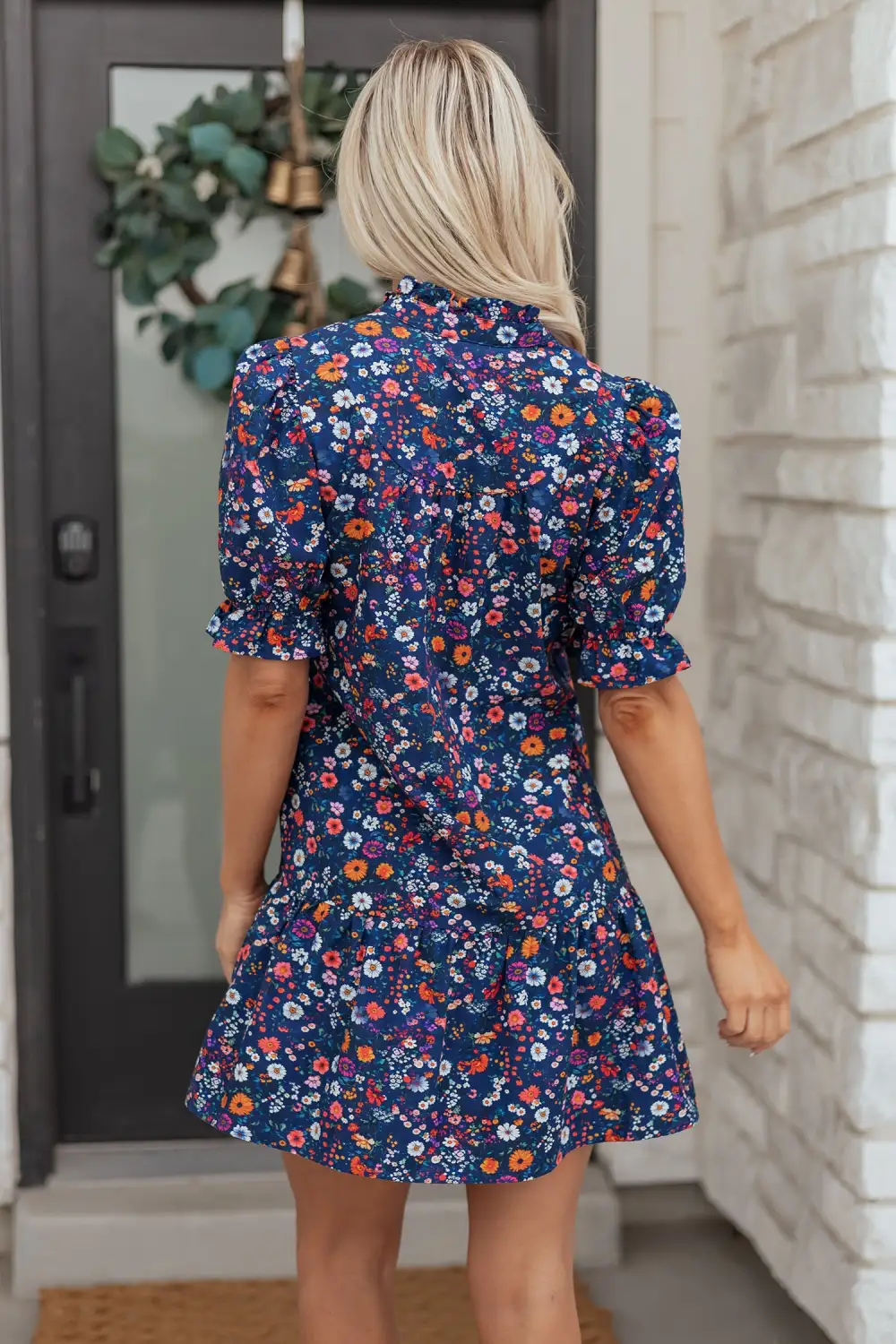 Polished Detail Floral Split Neck Puff Sleeve Mini Dress
