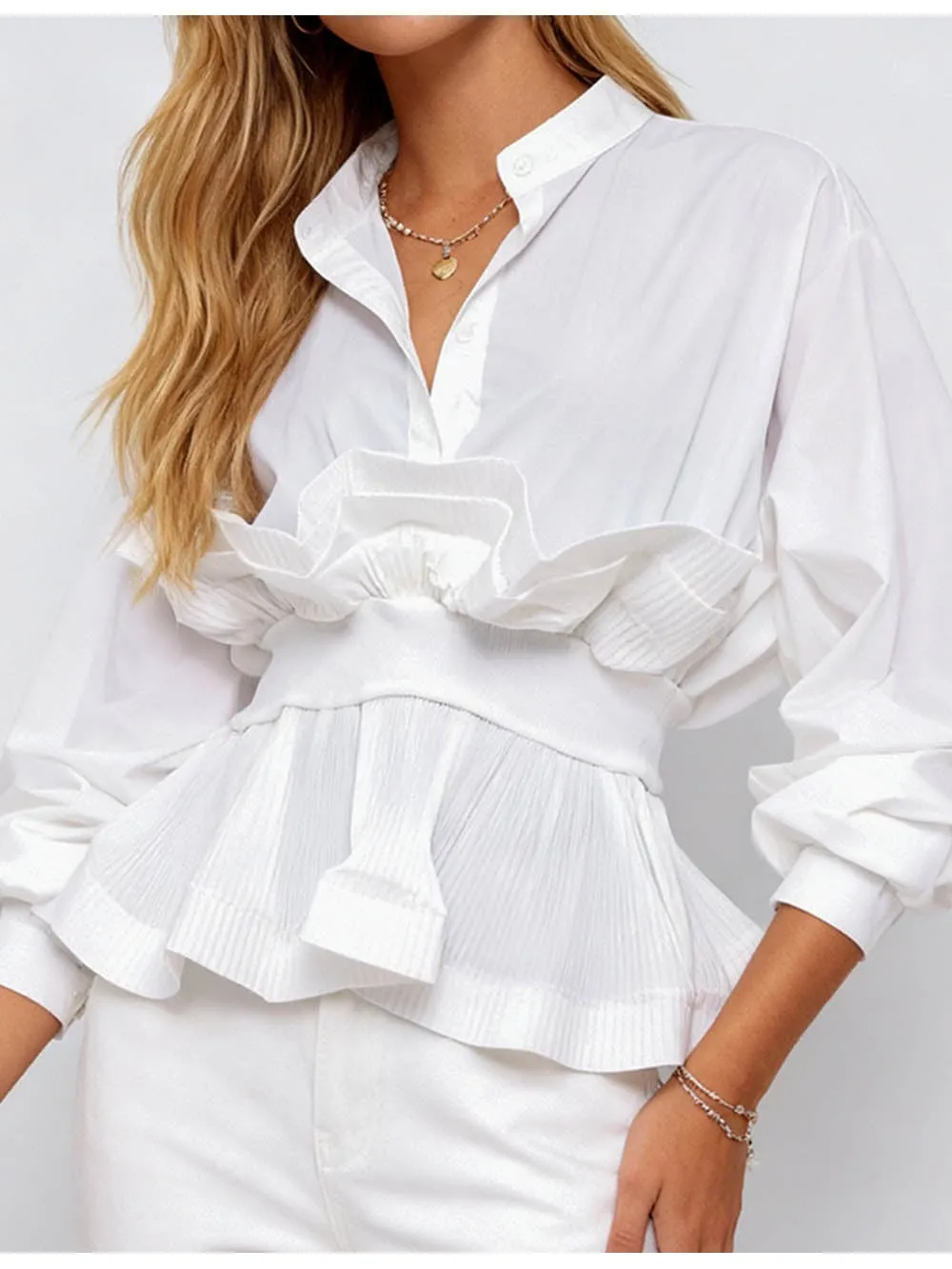 Chic Ruffle Pleated Lantern Sleeves Button Front Blouse