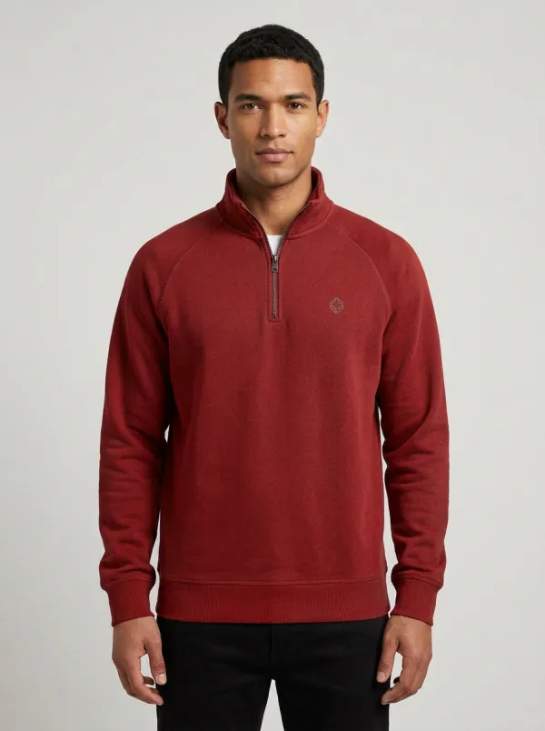 Men's Casual Minimalist Textured Raglan Embroidered Emblem Stand-Collar Quarter-Zip Sweatshirt
