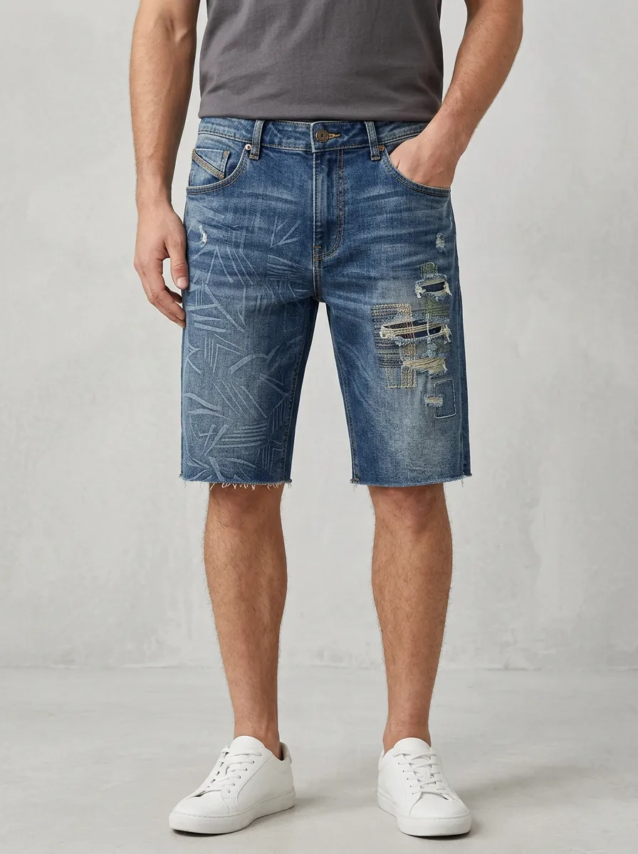 Men's Patchwork Geometric Distressed Street Inspired Distressed Denim Shorts