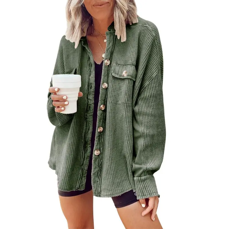 Women's Loose Fit Batwing Sleeve Waffle Knit Button Down Shirt Shacket Tops