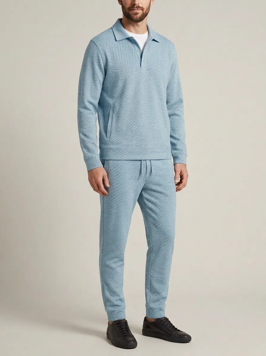 Men's Heritage Inspired Textured Minimal Polo Collar Jacket and Jogger Pants Set