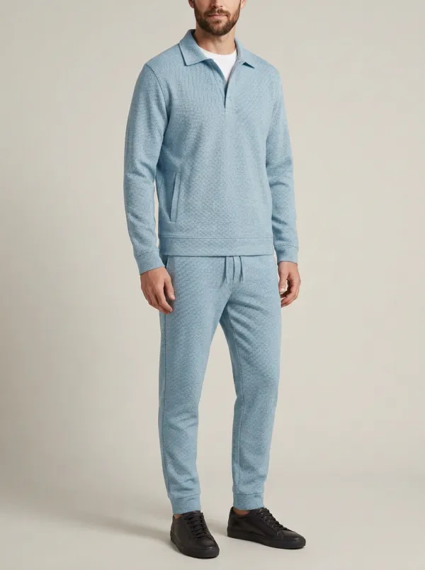 Men's Heritage Inspired Textured Minimal Polo Collar Jacket and Jogger Pants Set