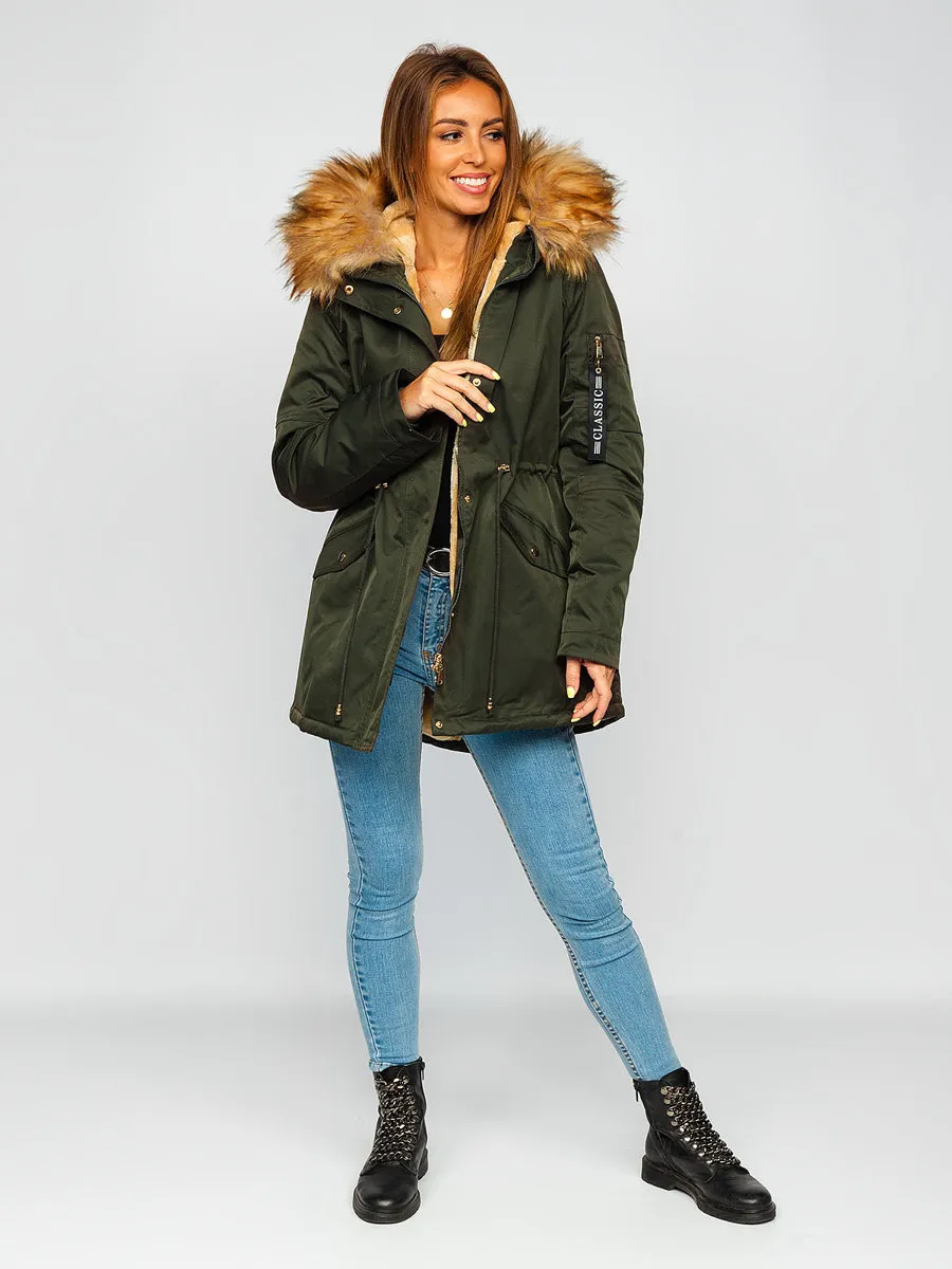 Khaki women's winter parka jacket with hood