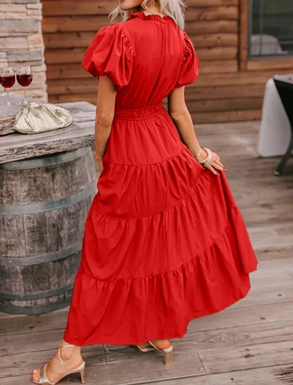 Coral Solid Color V Neck Short Puff Sleeve High