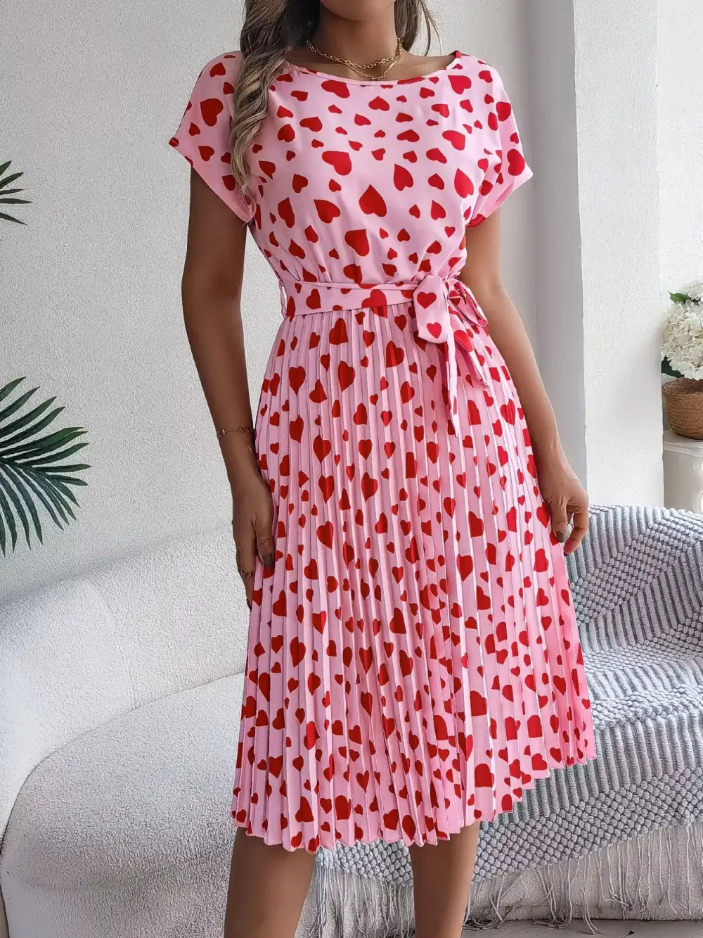 Printed Tie Waist Pleated Midi Dress