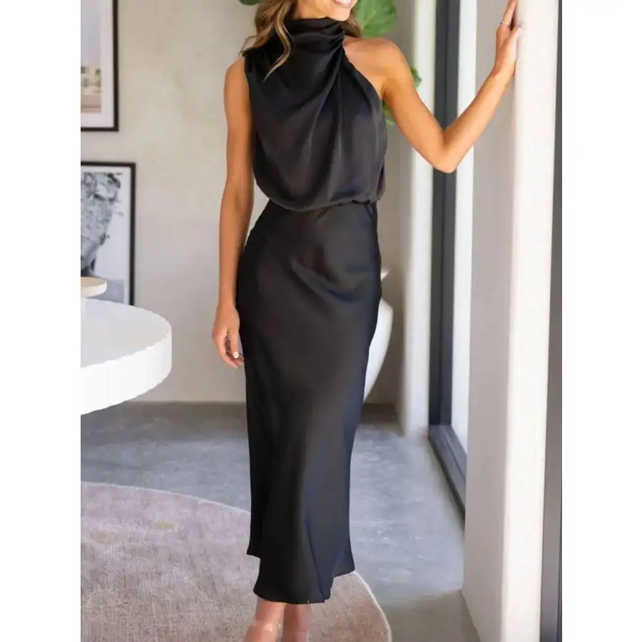 Asymmetrical Ruched Sleeveless Midi Dress