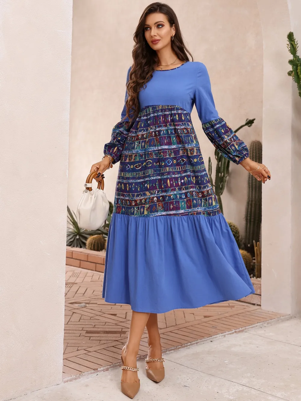 Geo Print Lantern Sleeve Dress