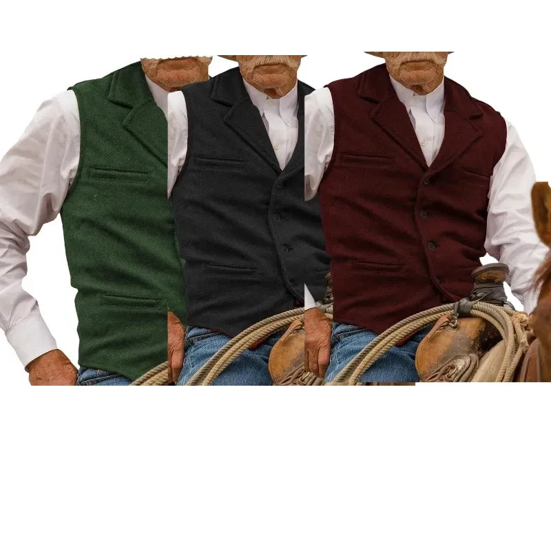 Men's Tweed Cowboy Vests Hunting Fishing Wool Herringbone