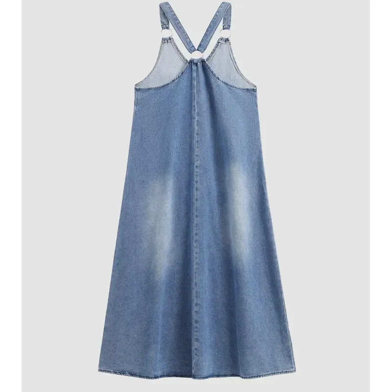 Women’s Sleeveless Denim Maxi Dress with Adjustable Cross Back Straps