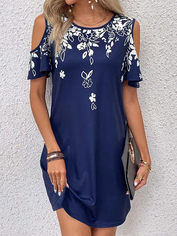 A Line Relaxed Flower Print Hollow Cold Shoulder Mini Dress