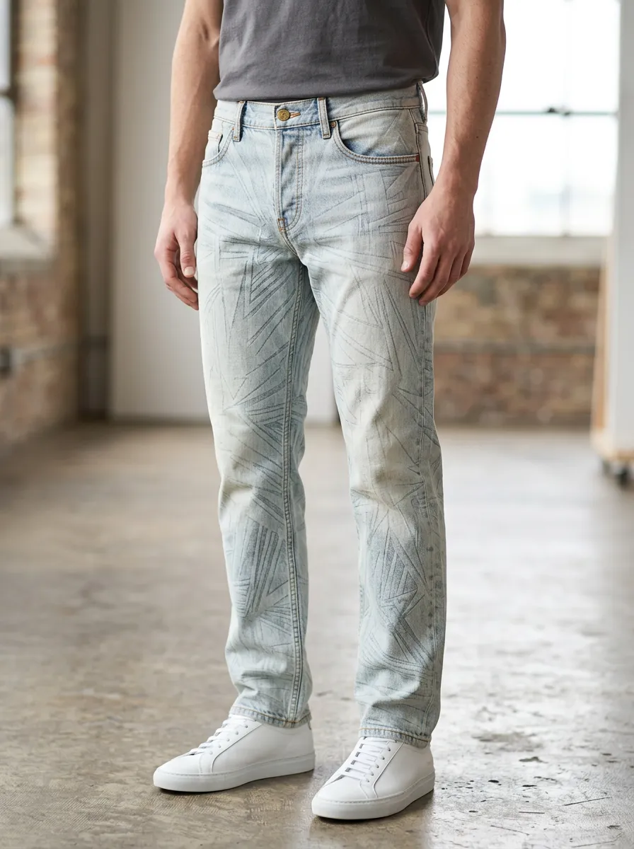 Men's Geometric Pattern Light Wash Printed Jeans