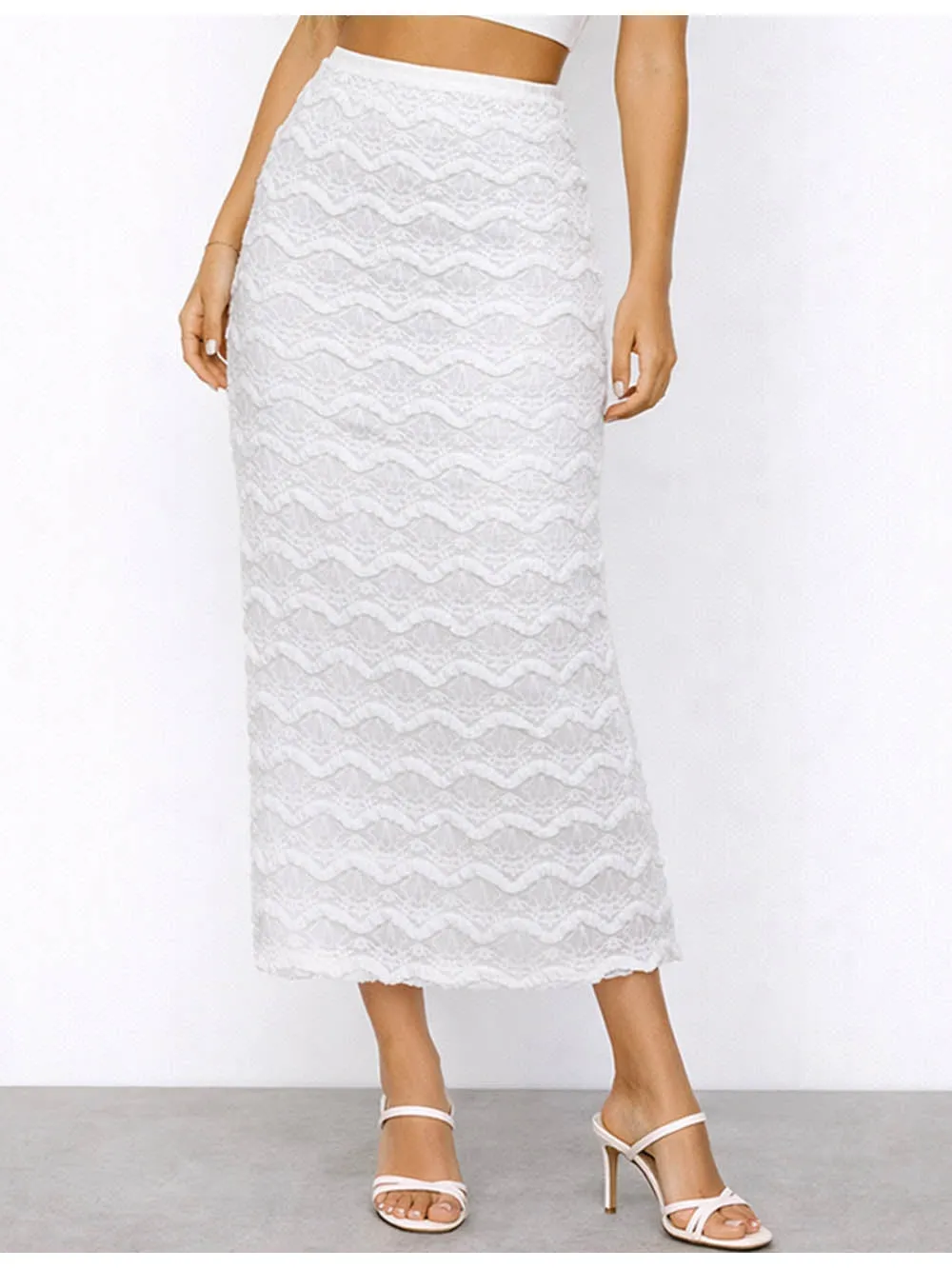 Lace Layered Ruffle Elastic Waist Maxi Skirt