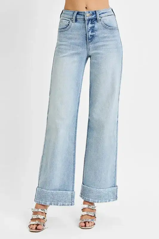 High Rise Ankle Wide Cuffed Jeans