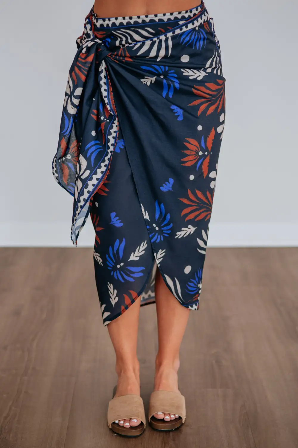 Botanical Print Cotton Wrap Midi Skirt