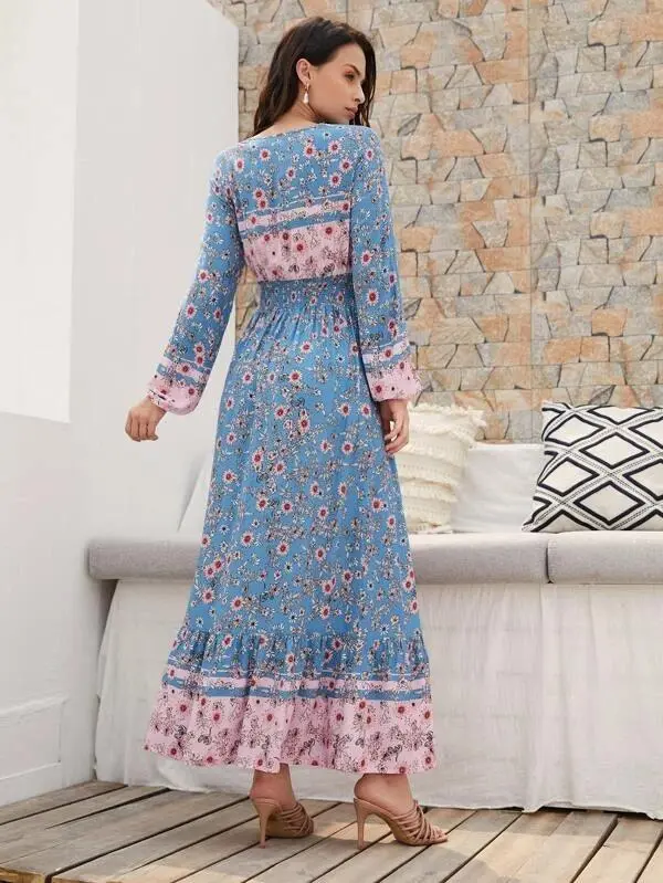 Women Shirred Knot Waist Floral Dress