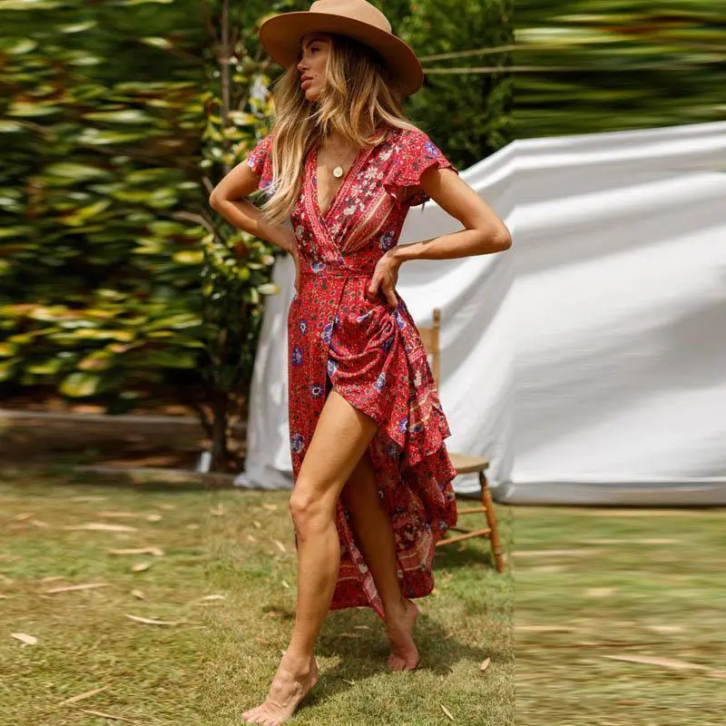Short Sleeve Boho Floral High Split Maxi Dress
