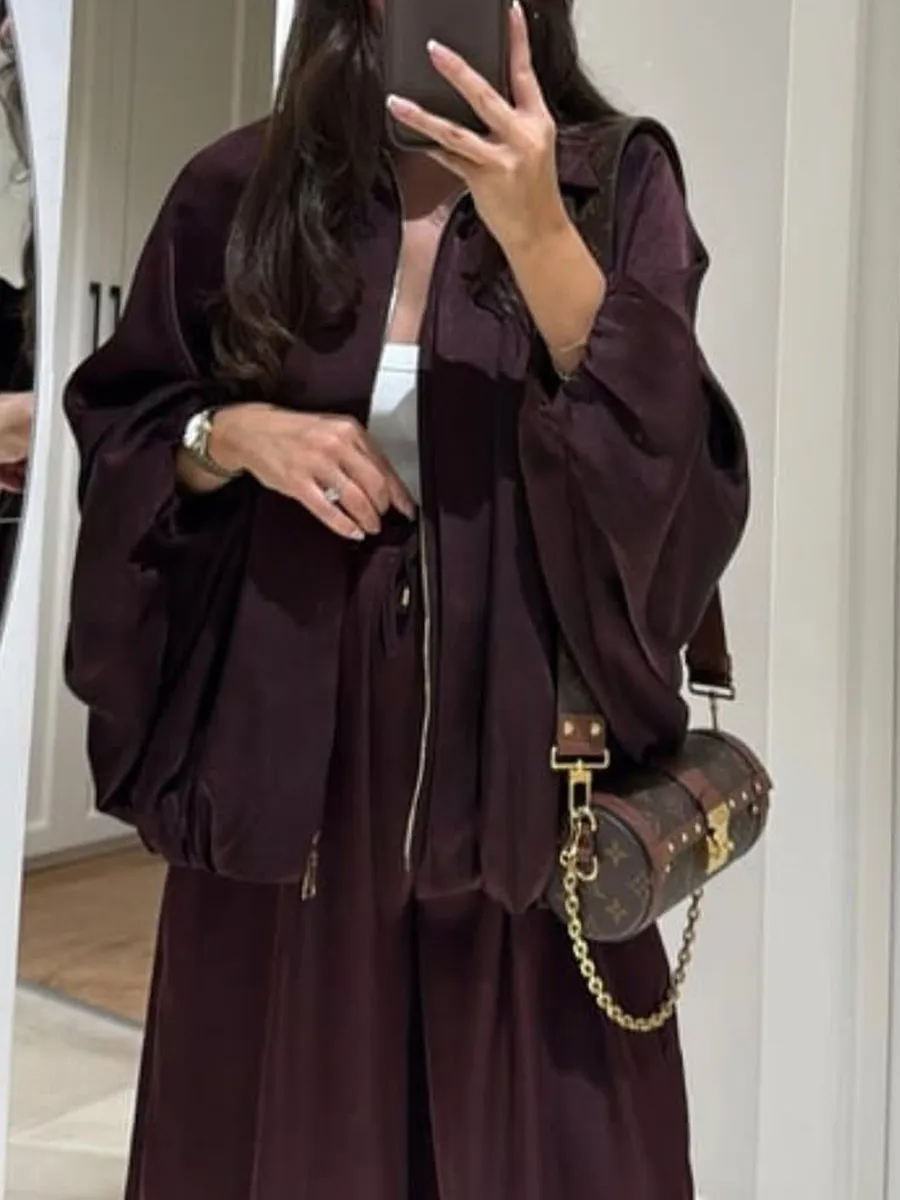 Women's solid color cross-section design casual zipper cardigan & pants set