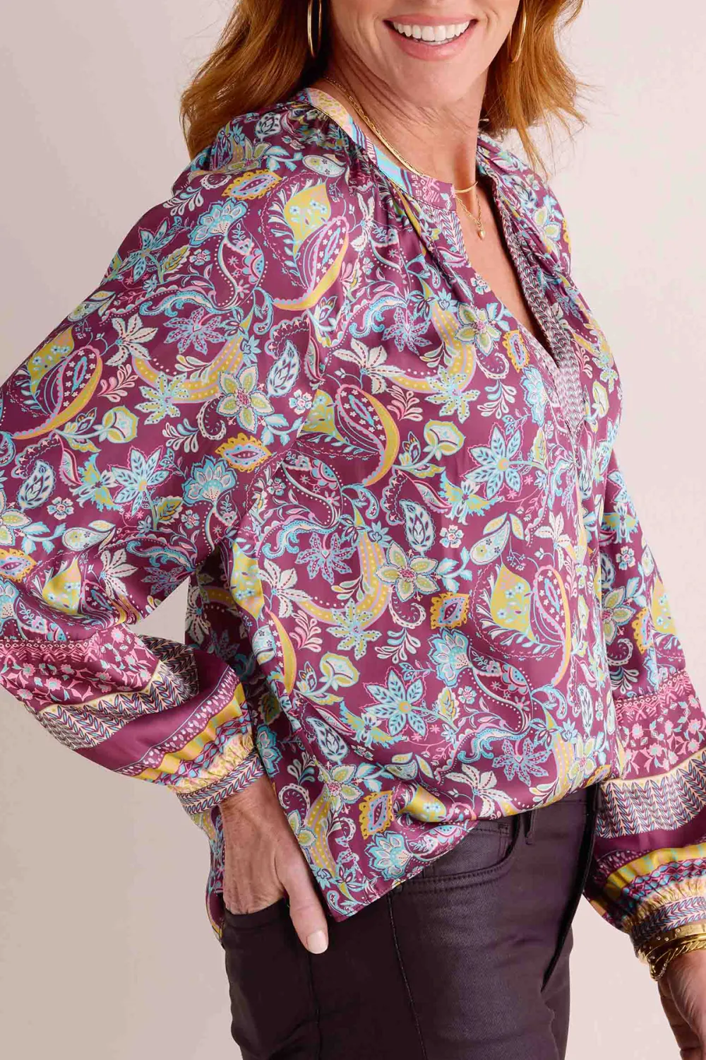 Purple Floral Print Classic V-Neck Long Sleeve Blouse