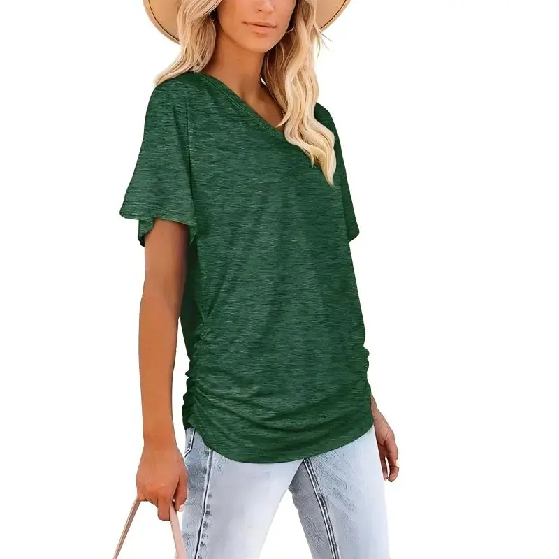 Womens Short Sleeve V Neck Dolman Tops with Side Shirring Loose Fit Shirts