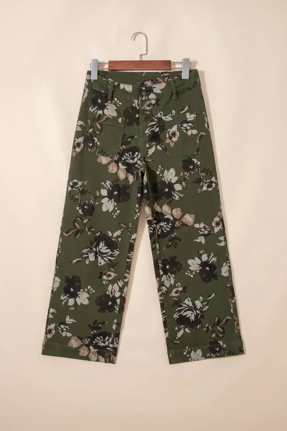 Raw Hem Patch Pocket Floral Print Jeans