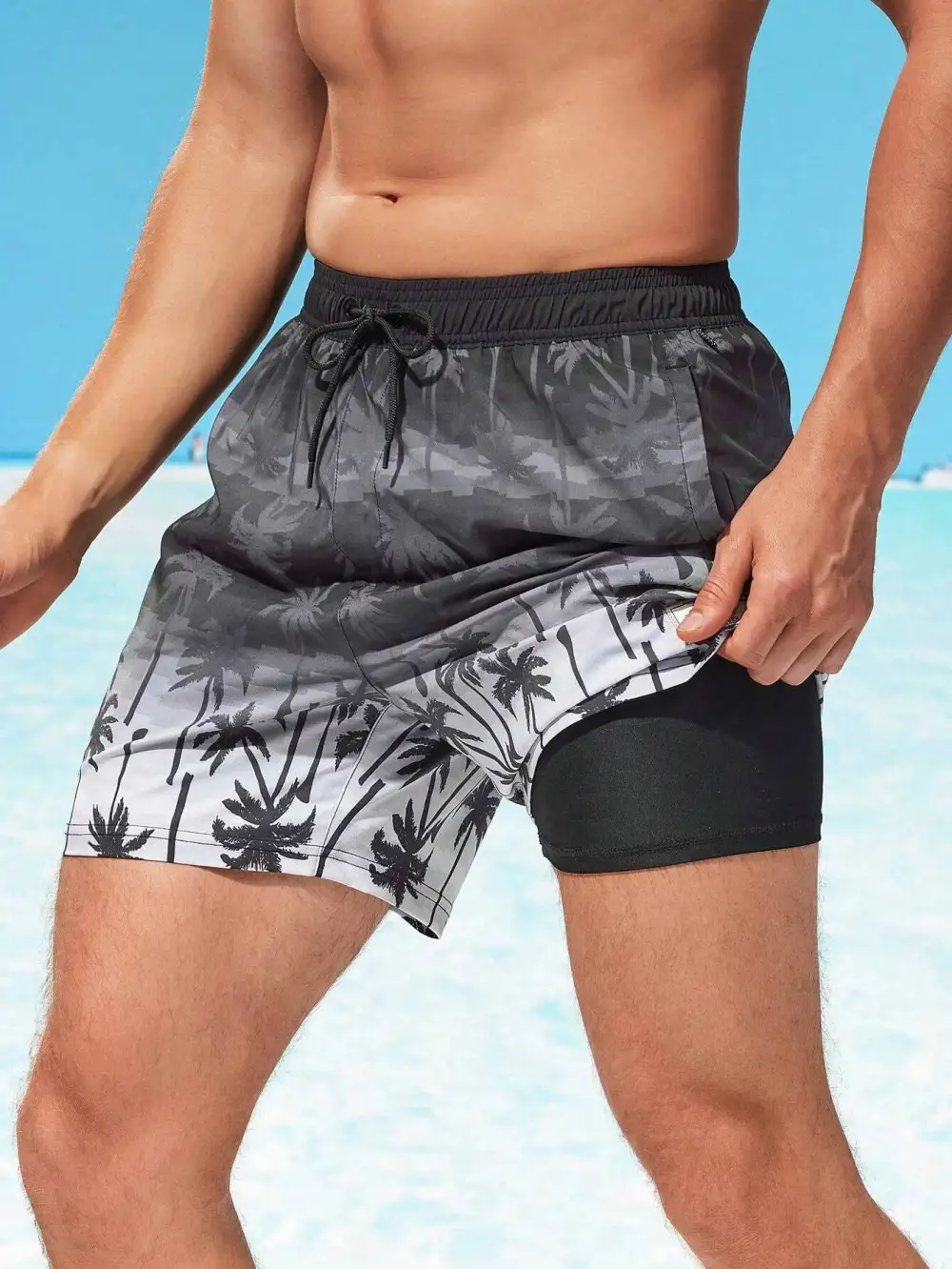 Men's Drawstring Coconut Tree Print Pocket Swim Trunks