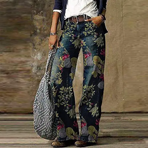 Wide Leg Denim Pants for Women, Camouflage Plaid Patchwork Print Streetwear Casual Comfort Straight Jeans Trouser