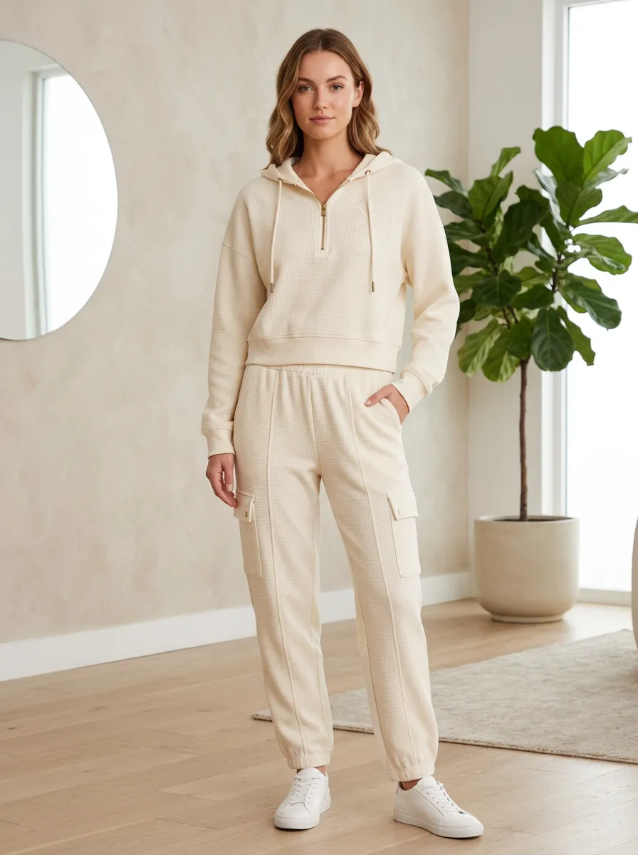 Women's Casual Lounge Waffle Knit Quarter-Zip Hooded Jogger Set