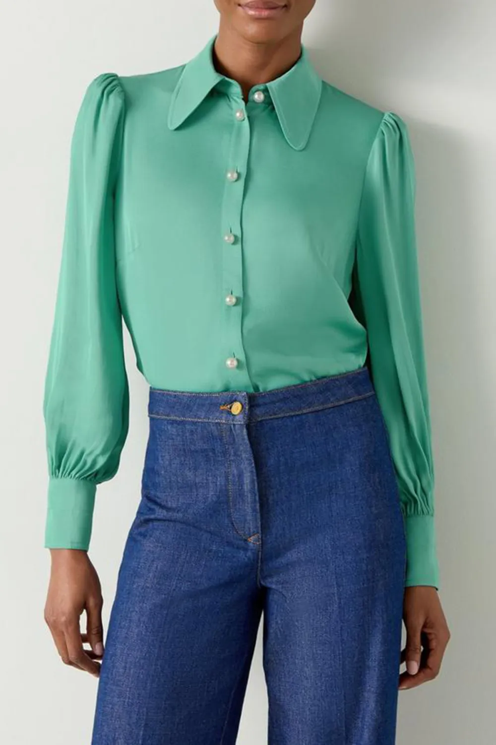Green Long Sleeve Button Down Silk Blouse