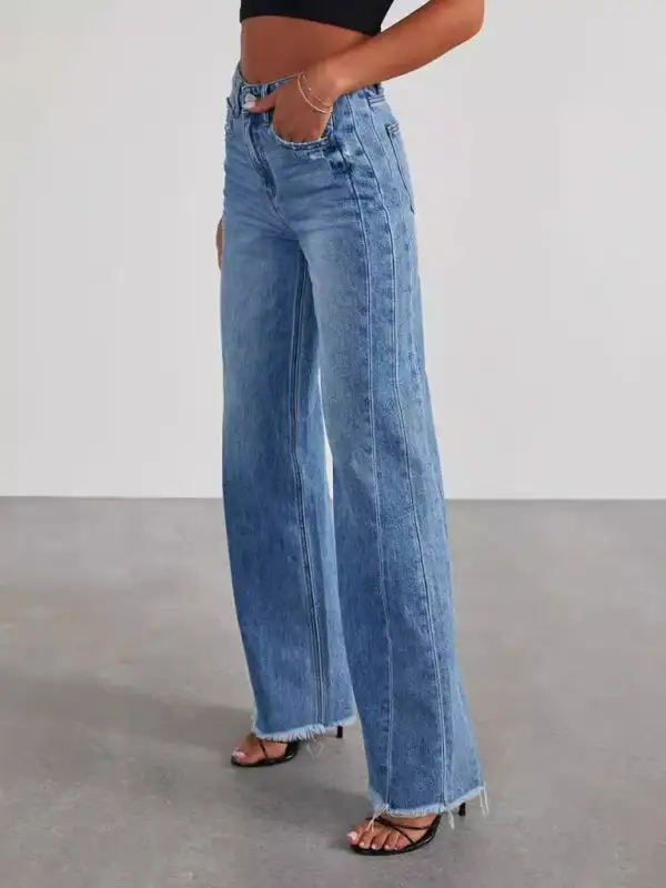 Wide Leg Frayed Hem Seam Denim Jeans