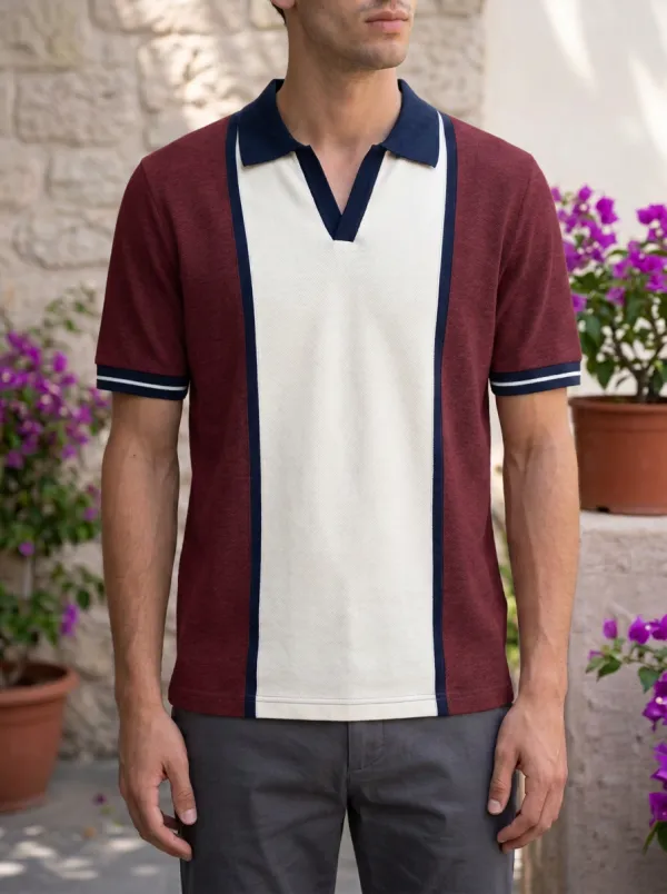 Men's Knit Ribbed Textured Striped Colorblock Contrast-Piping V-Neck Polo Shirt