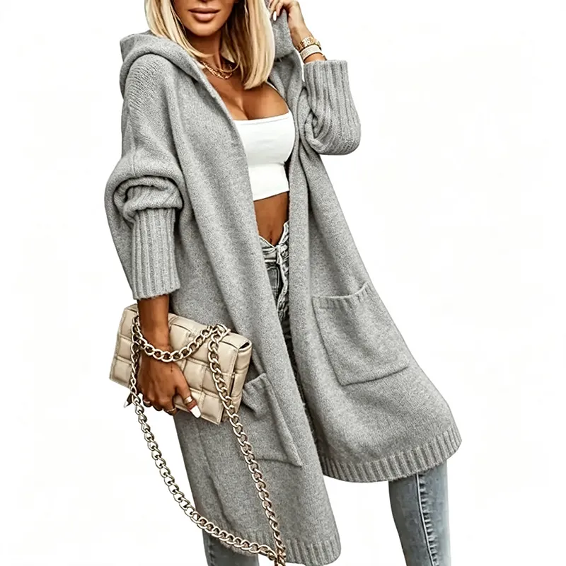 Women's Long Cardigans Cable Knitted Open Front Oversized Hooded Outerwear Sweater Coat