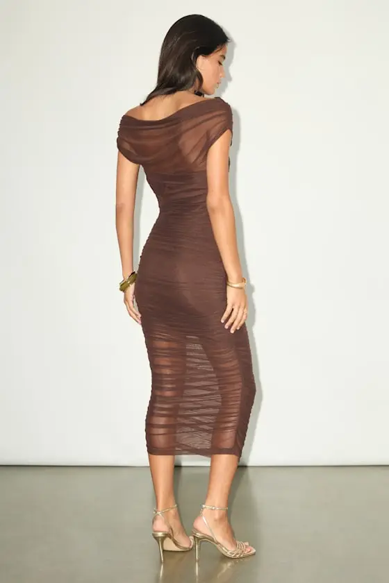 Sunama Taupe Abstract Mesh Ruched Bodycon Midi Dress