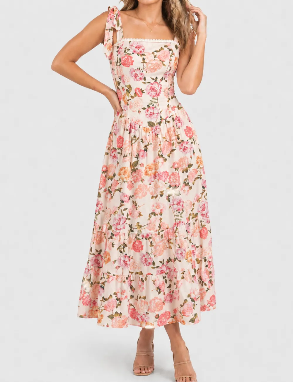 Strap Lace Trim Square Neck Midi Dress