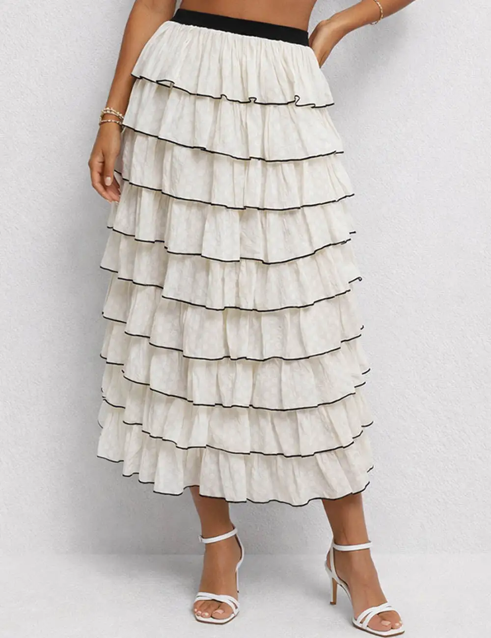 Chic Tiered Ruffle Elastic Waist Midi Skirt