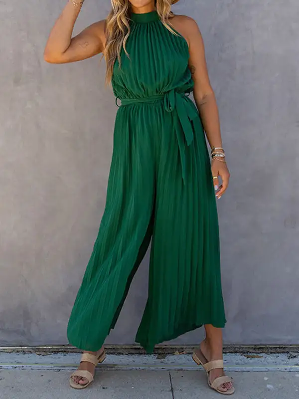 Shoulder Halter Neck Pleated Jumpsuit