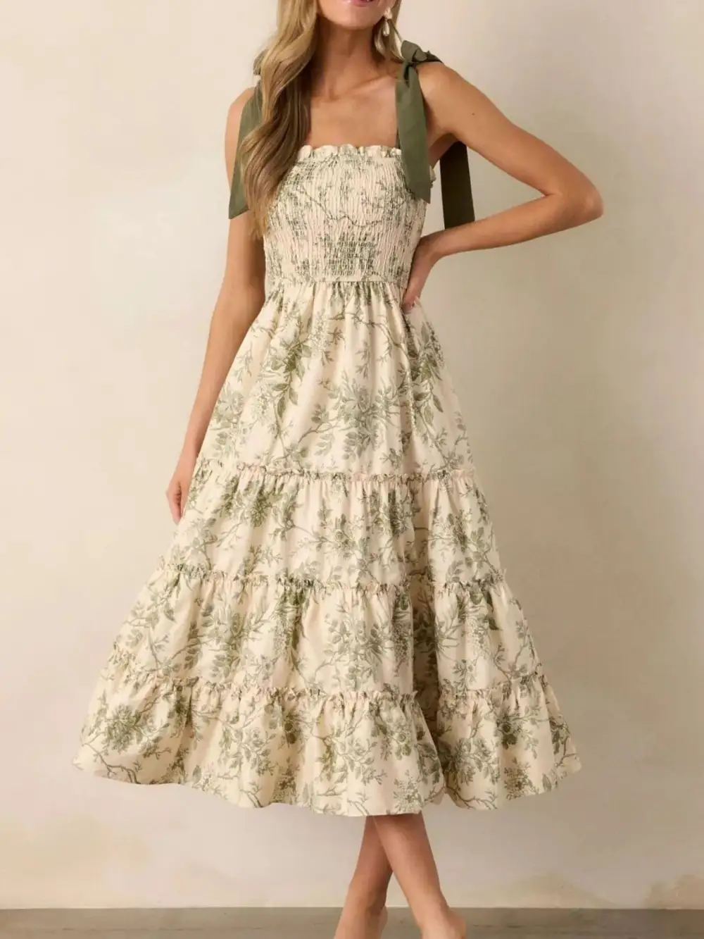 Drape Floral Printed Tiered Midi Dress
